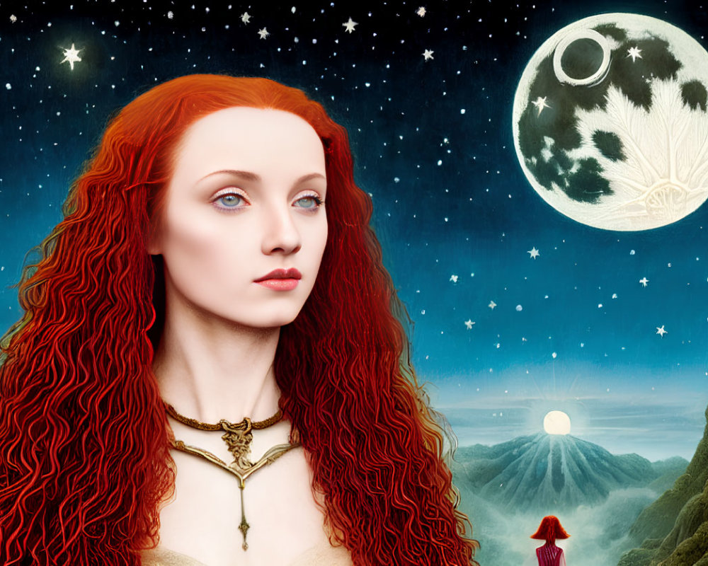 Surreal illustration of red-haired woman in celestial scene