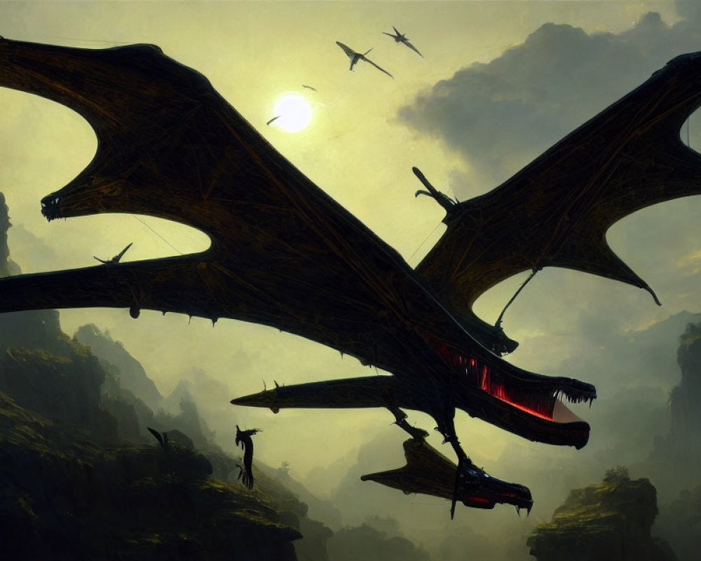 Majestic dragons flying over mountain range at sunset