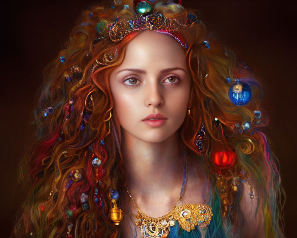 Voluminous wavy red hair with colorful beads and jewels on a brown background