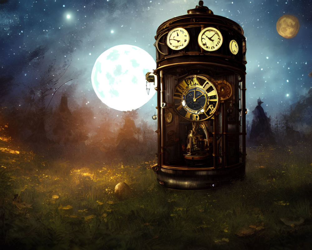 Intricate clock in mystical forest under moonlit night