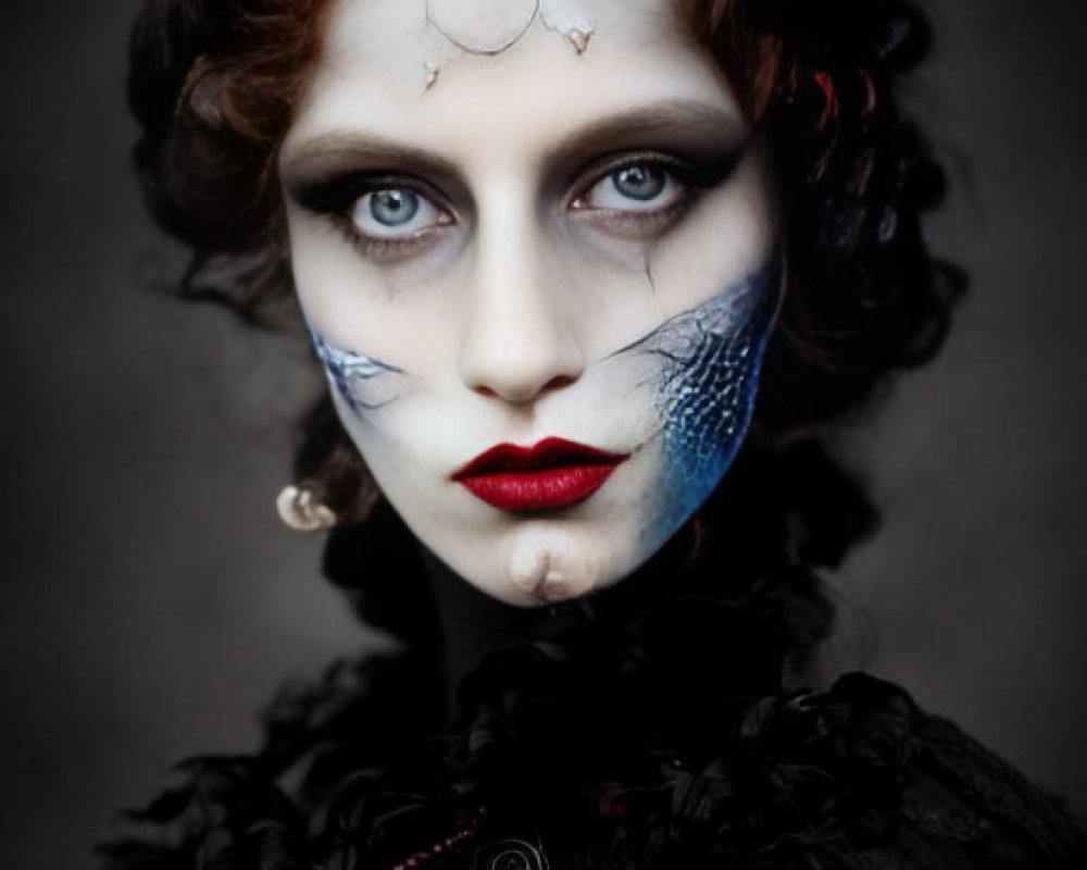 Pale skin, red lips, dramatic eye makeup with blue fish scale patterns, dark outfit, vintage hairstyle