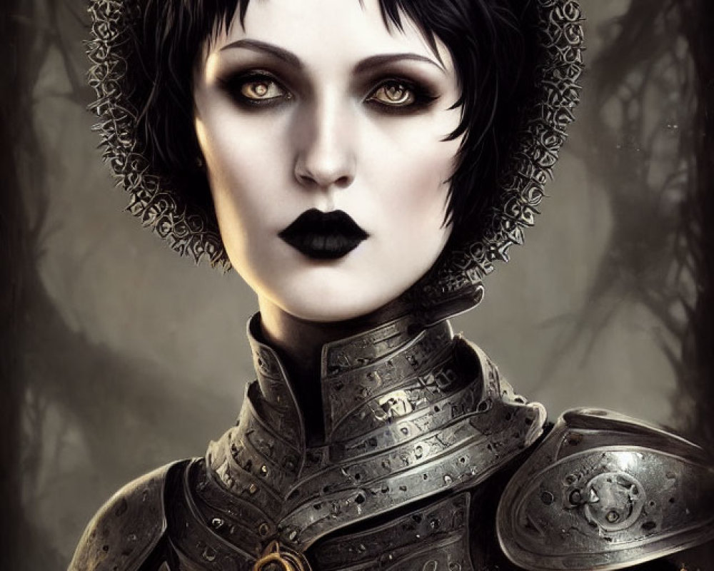 Digital artwork of woman in ornate black armor against forest backdrop