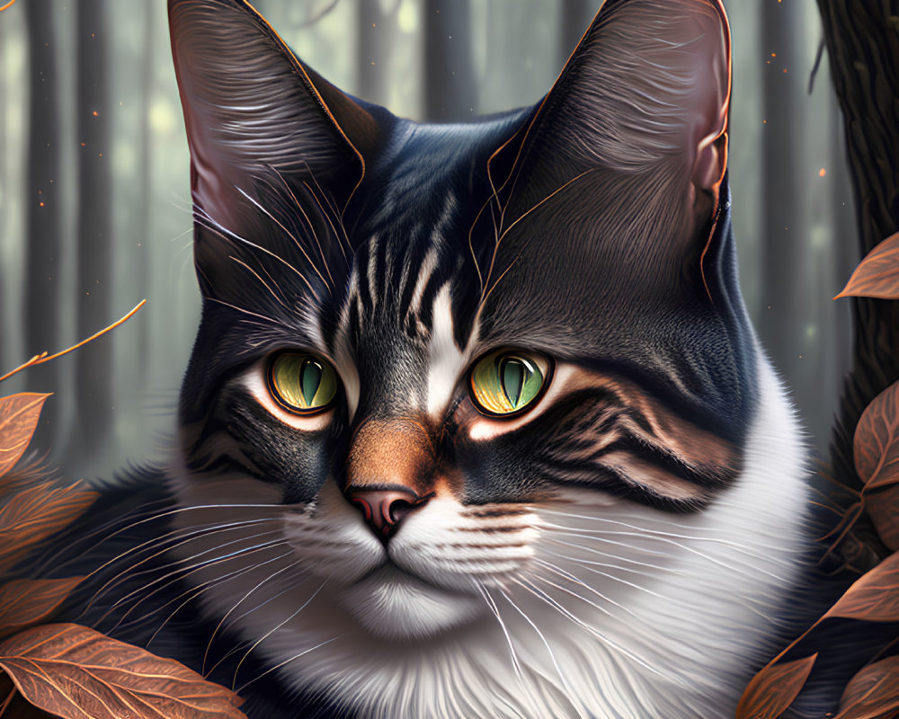 Detailed Digital Artwork: Cat with Green Eyes, Whiskers, Gray & Black Fur, Autumn