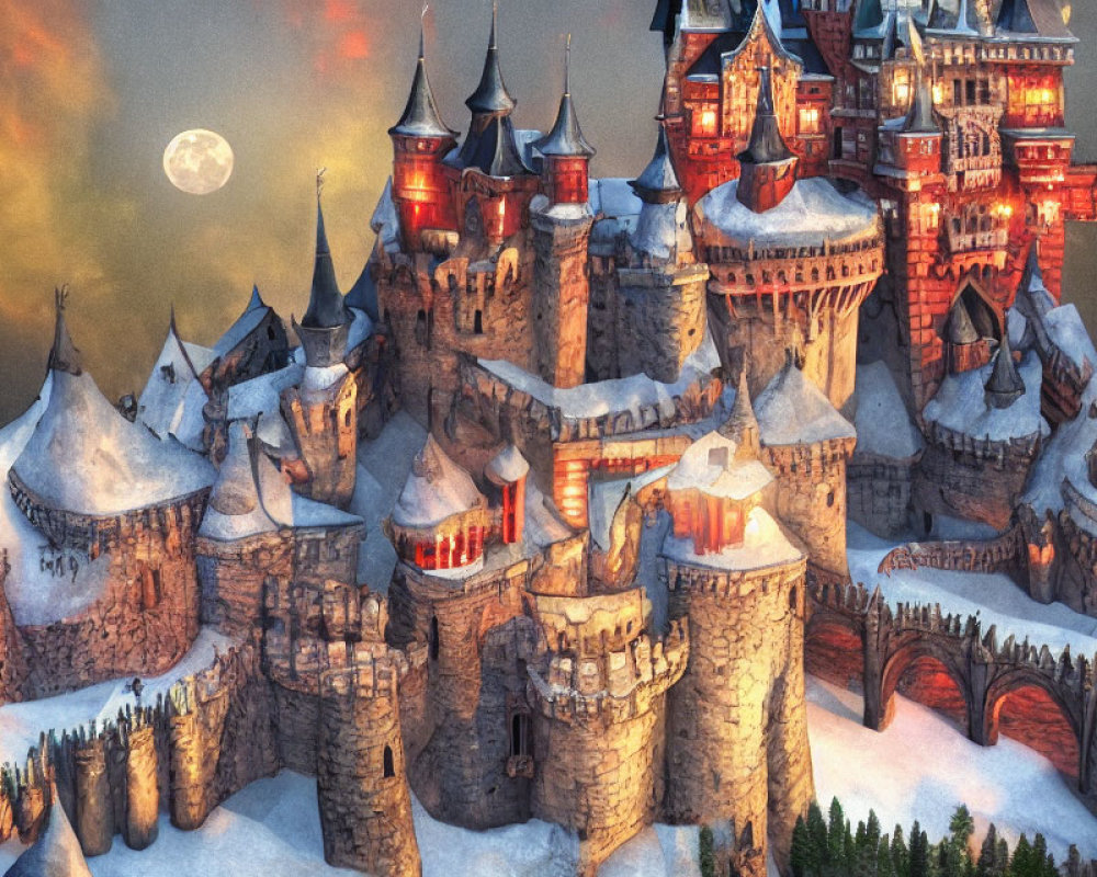 Snowy Castle with Towers and Fortifications in Moonlit Sky