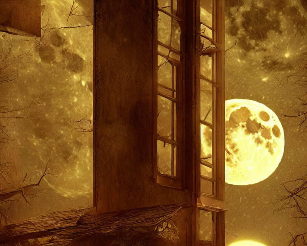 Sepia-Toned Image of Full Moon Through Derelict Window Frame