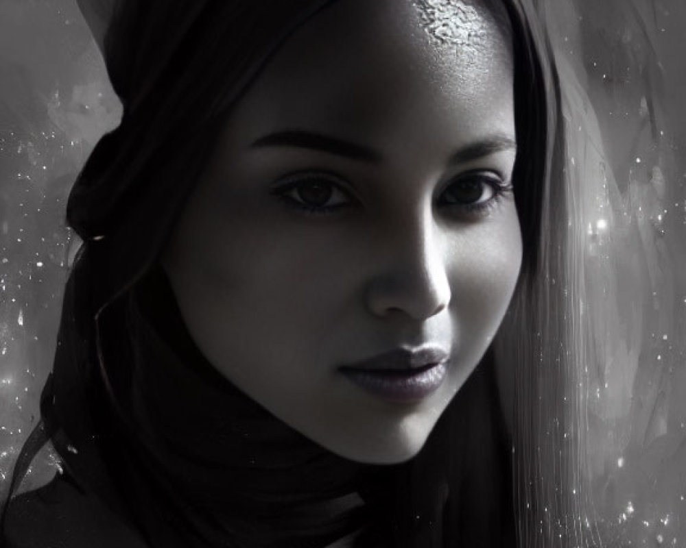 Monochrome portrait of a woman with headscarf and subtle gleam