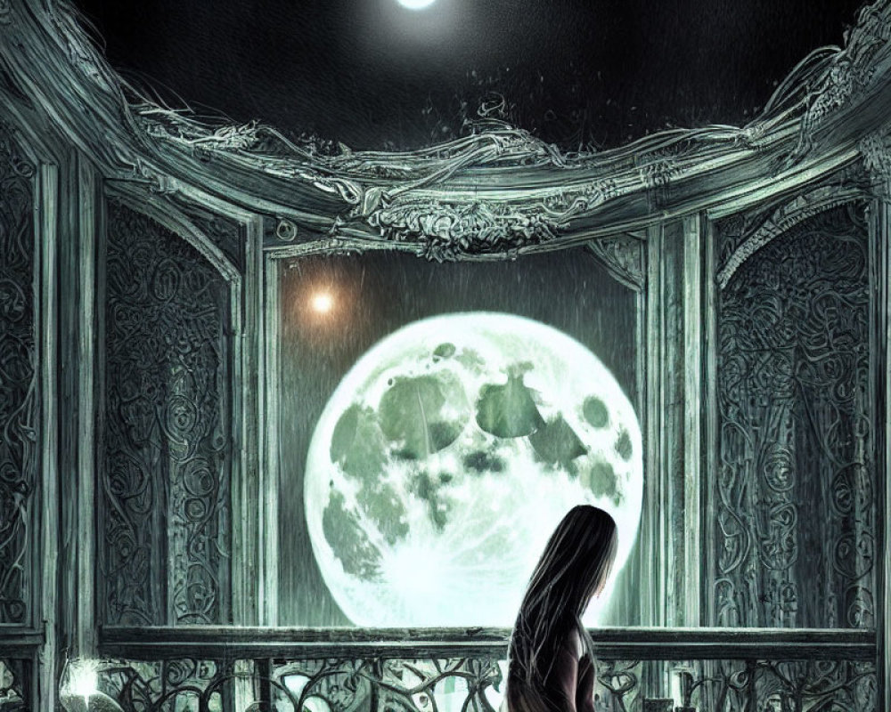 Solitary figure gazes at full moon through ornate window