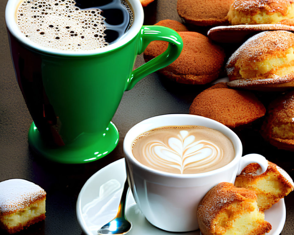 Assorted pastries, coffee mugs, latte art, and spoon on tabletop