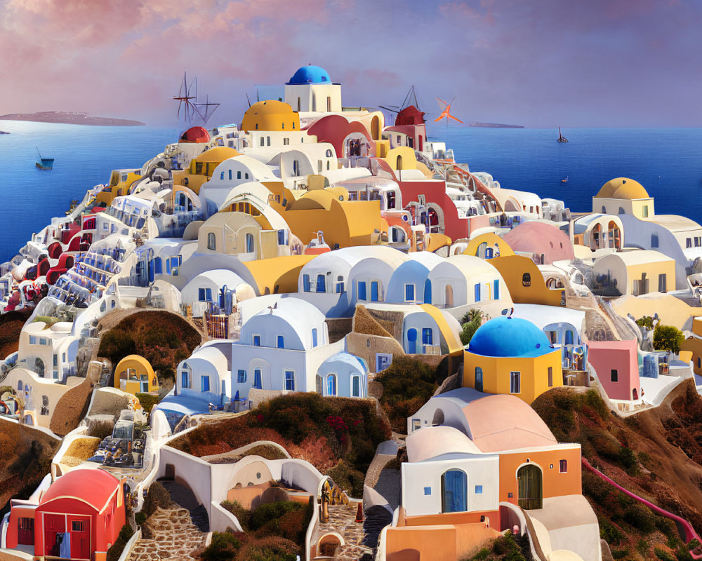 Whitewashed buildings and blue domes in Santorini, Greece by the sea