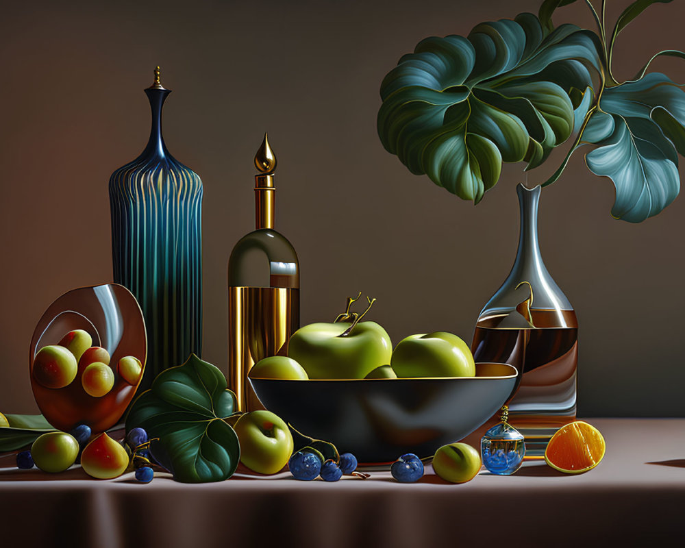 Glossy fruits, glass bottles, apples, and plant on brown backdrop