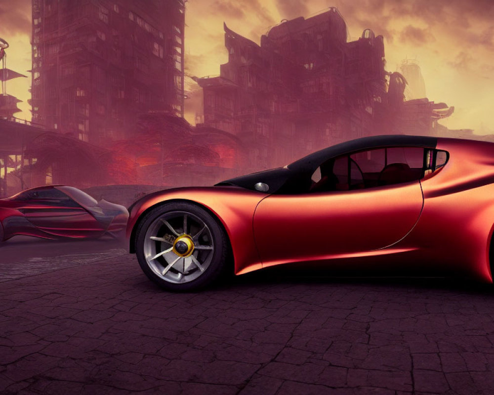 Futuristic red sports cars on desolate city street at sunset