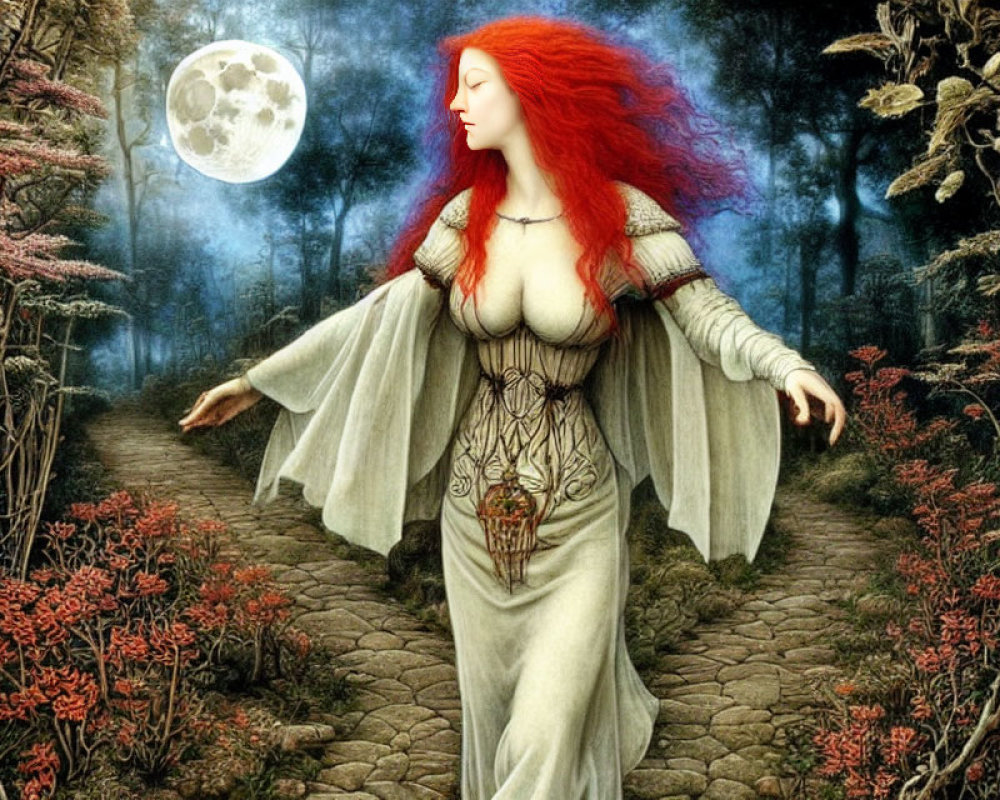 Woman with vibrant red hair in flowing dress in mystical forest under full moon