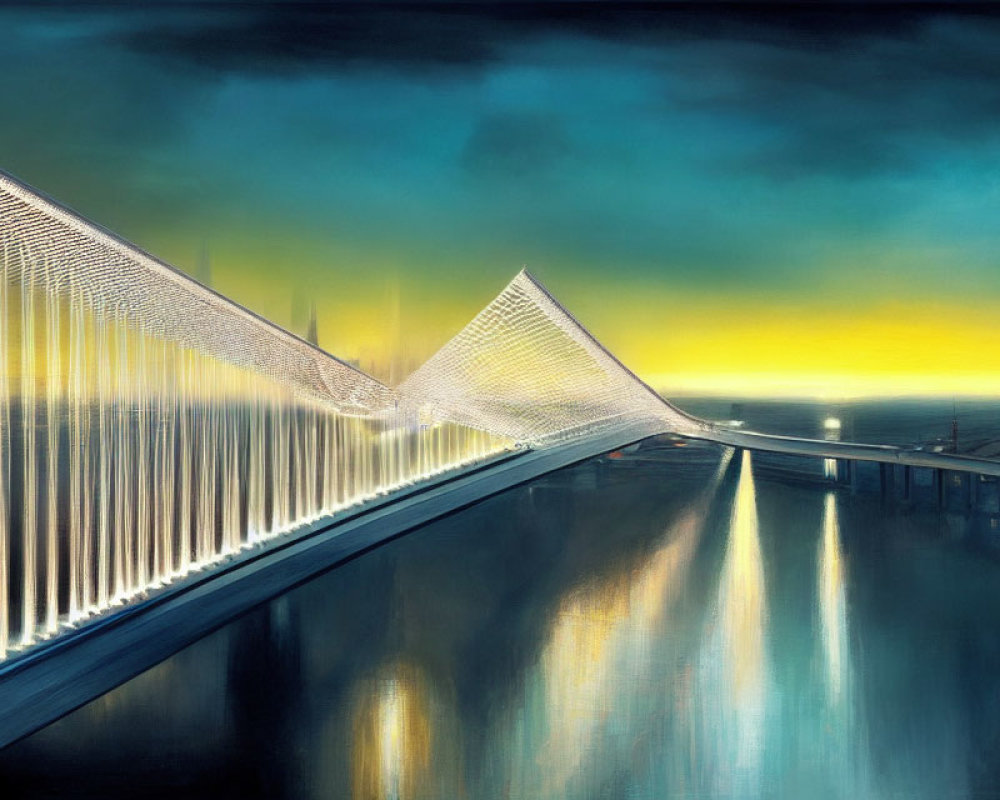 Luminous suspension bridge painting at dusk with vibrant sunset