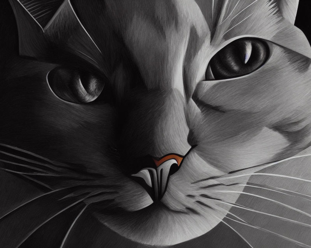 Detailed grayscale cat illustration with intense gaze and prominent whiskers