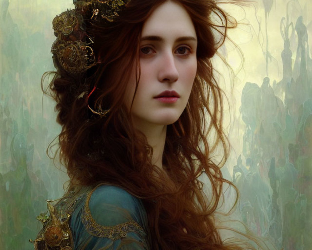 Woman with Long Wavy Hair and Golden Crown on Ethereal Background