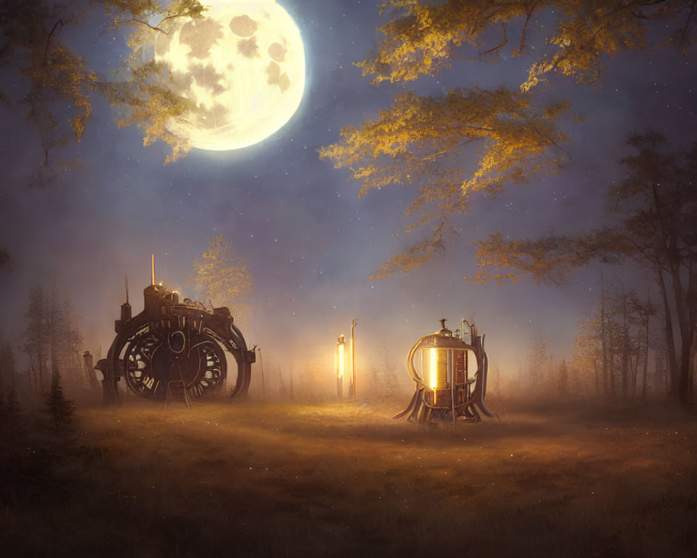 Fantasy scene with full moon, forest clearing, steampunk vehicle, vintage lamp post