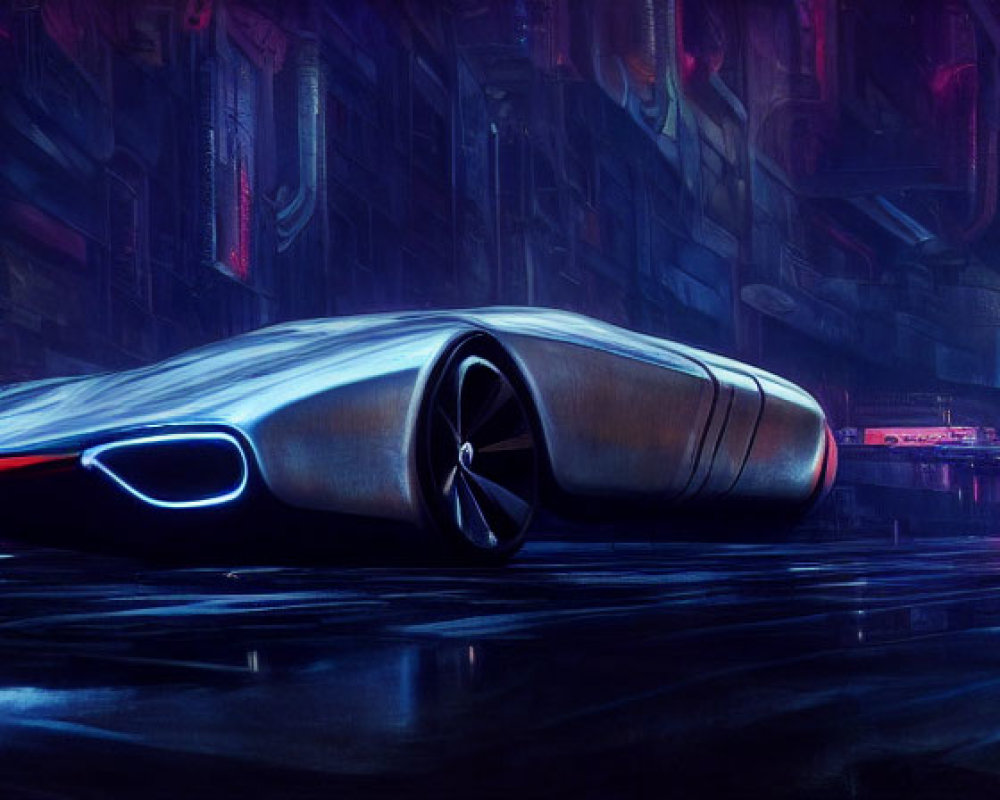 Sleek silver futuristic vehicle hovers over wet city street at night