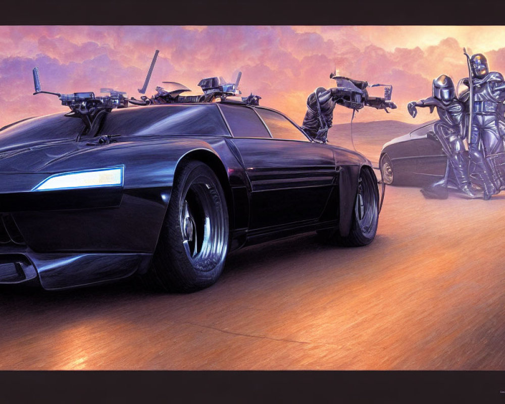 Futuristic black car with mounted weapons and armed robotic figures in sunset scene