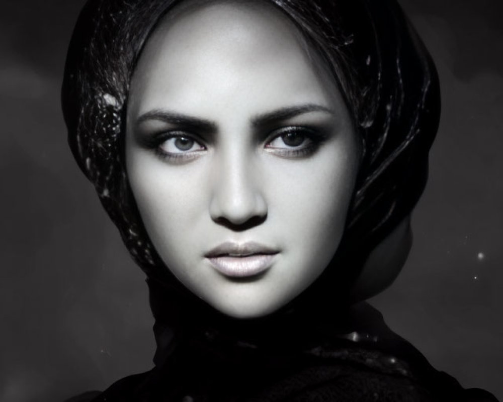 Monochrome portrait of woman with intense eyes and glittering headscarf on dark background