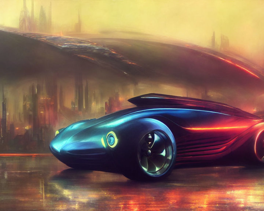 Sleek futuristic car in vibrant colors parked in cityscape with advanced architecture