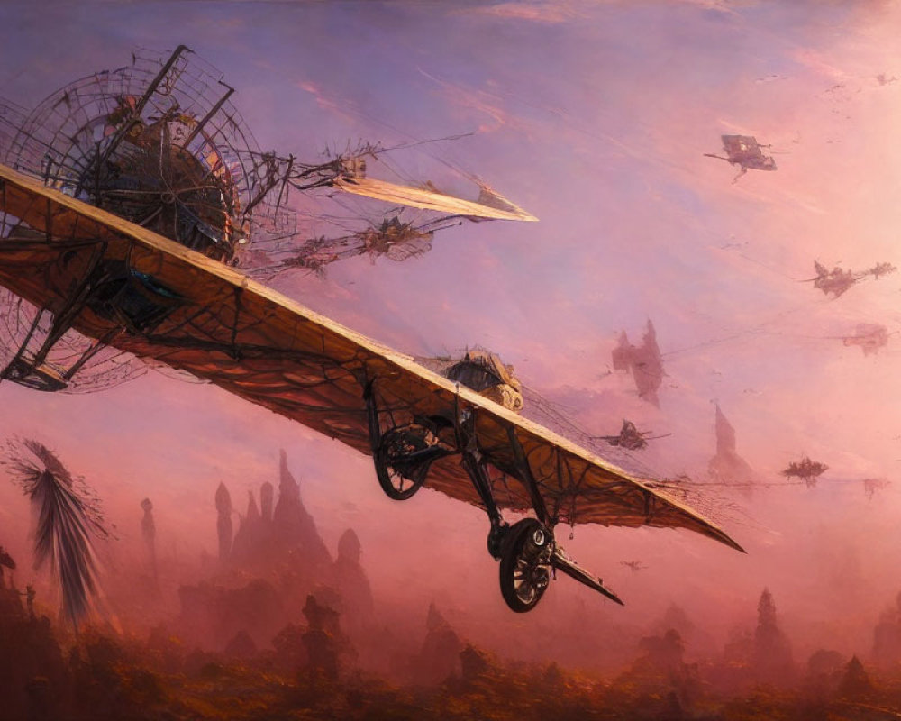 Mechanical flying machine with intricate wings in pink sky above fantastical landscape