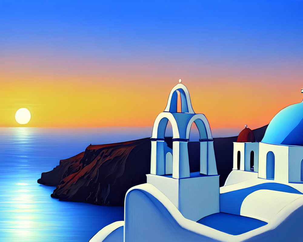 Scenic Greek island village with blue-domed churches at sunset
