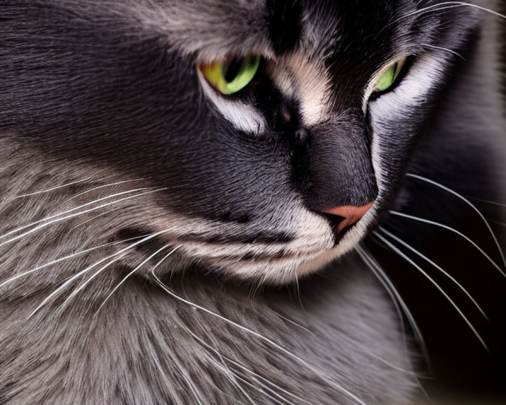Gray Cat with Striking Green Eyes and Black Markings: Soft Fur and Thoughtful Expression