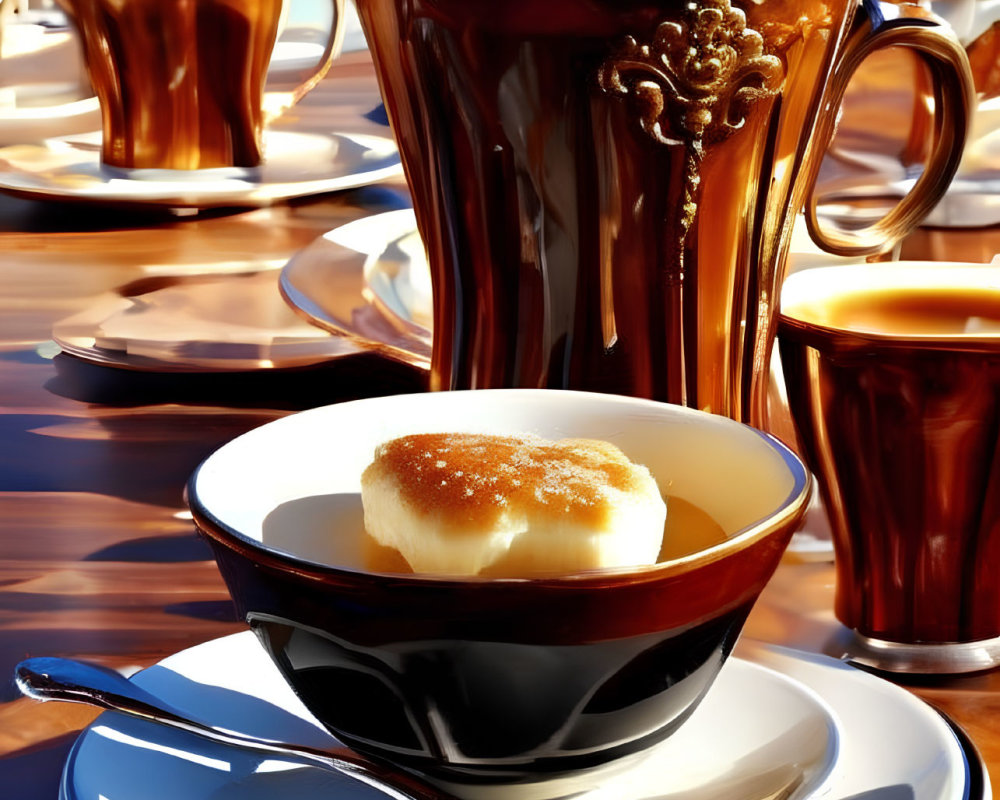 Shiny cup with creamy drink, saucer, spoon, and dessert on reflective surface