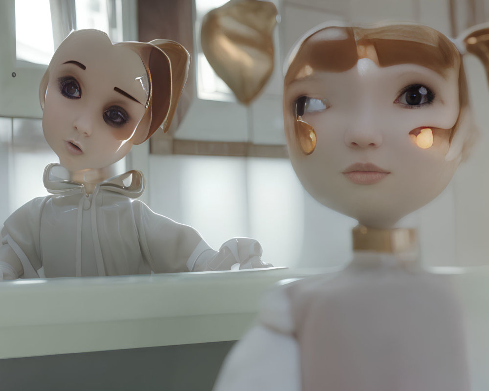 Porcelain dolls with hair bows in bright room counter