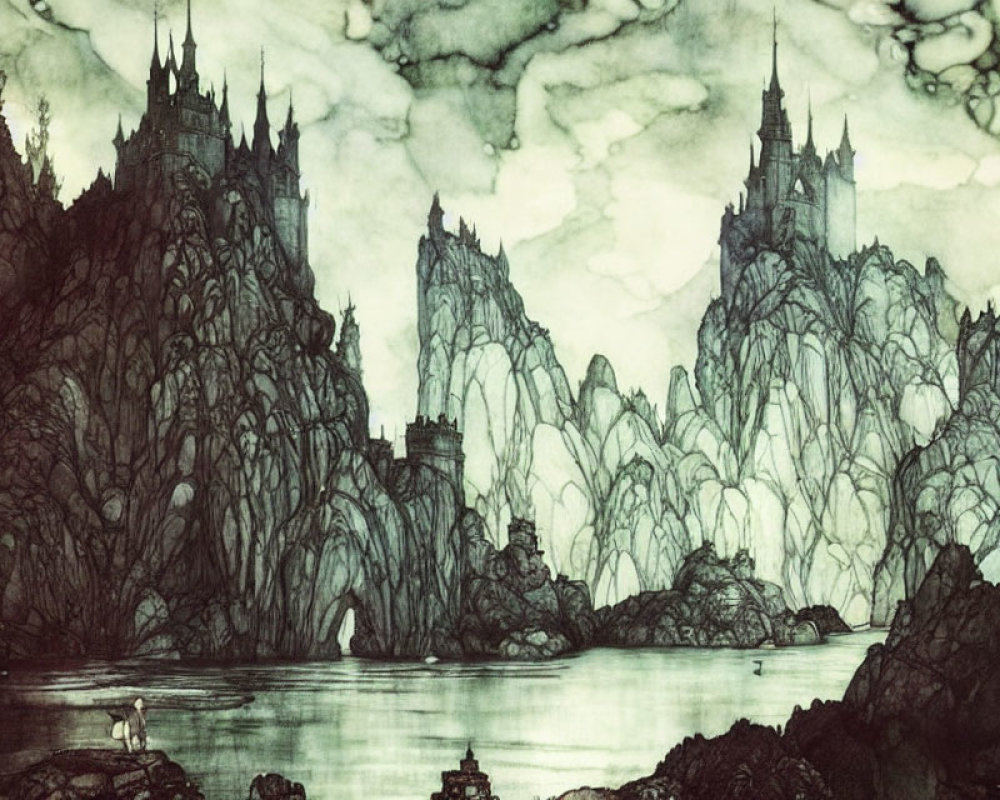 Gothic landscape with misty spires, cliffs, and castles