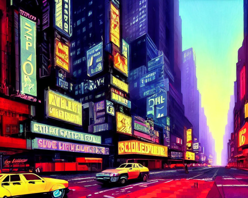 Colorful neon-lit city street with vintage cars and billboards