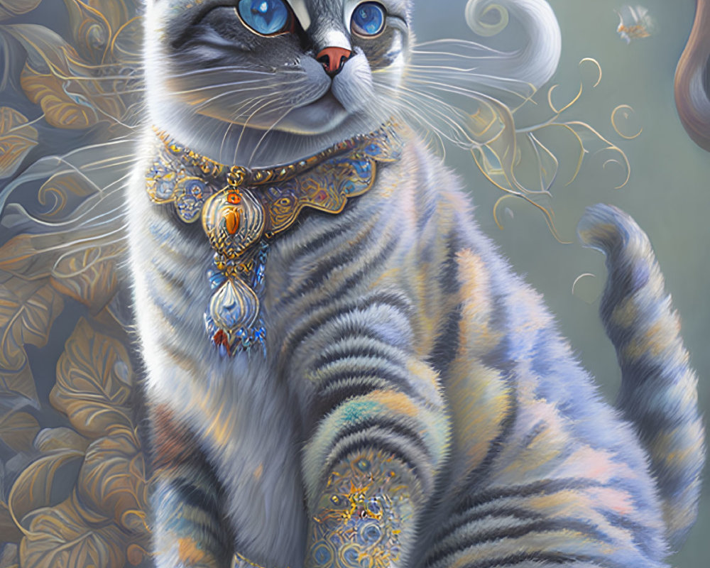 Regal cat with ornate necklace in fantasy setting.
