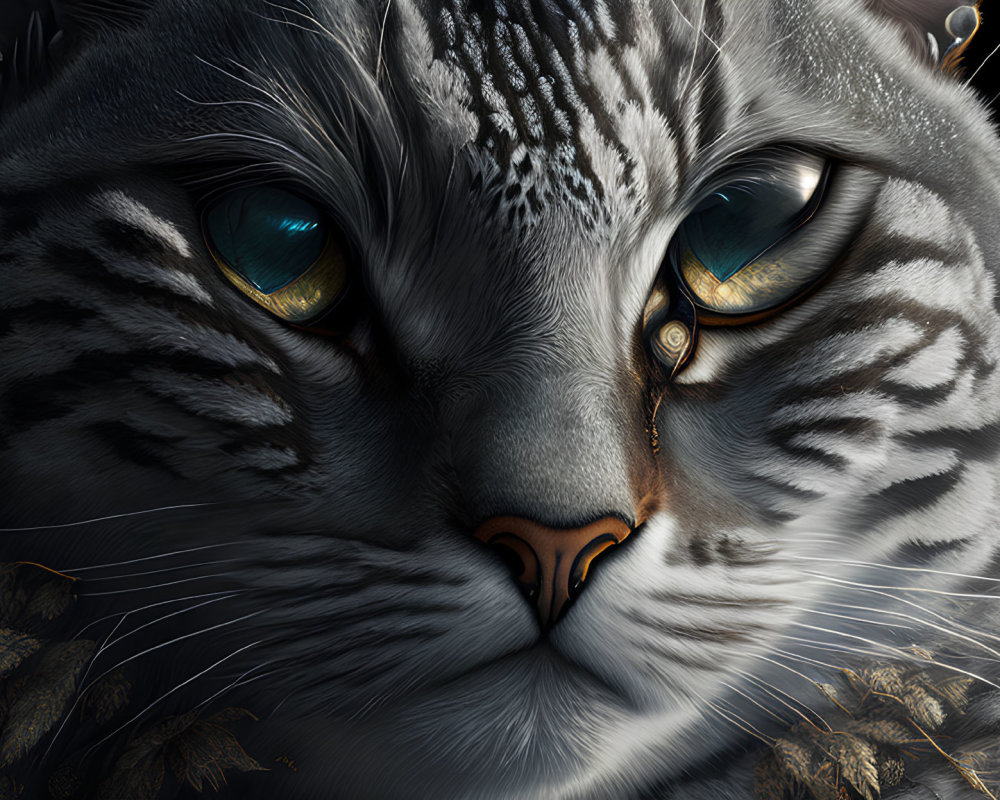 Detailed Digital Illustration of Cat with Amber Eyes & Grey Striped Fur