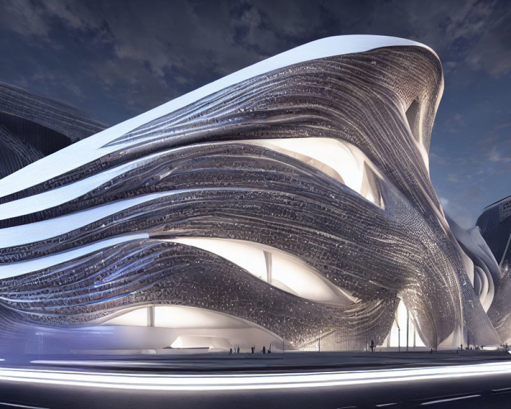 Futuristic building with wavy architecture illuminated at twilight