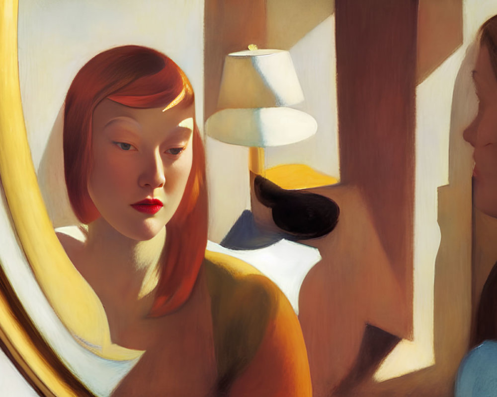 Red-haired woman reflected in round mirror with lamp and another woman's reflection in warm tones