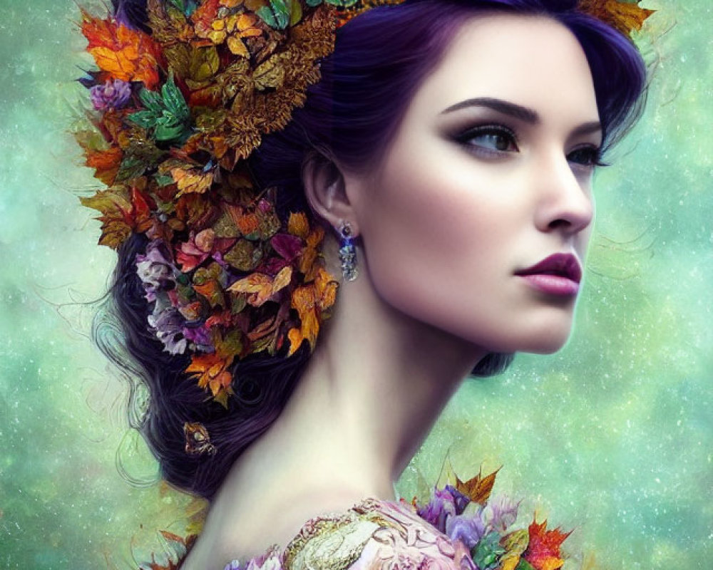 Violet-haired woman with autumn crown and floral details on shoulders in green backdrop