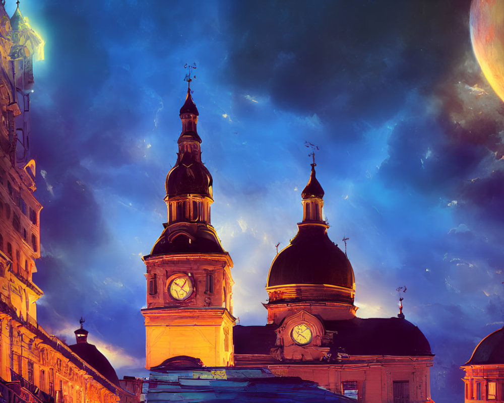 Cityscape at Dusk with Baroque Buildings and Clock Tower under Dramatic Sky