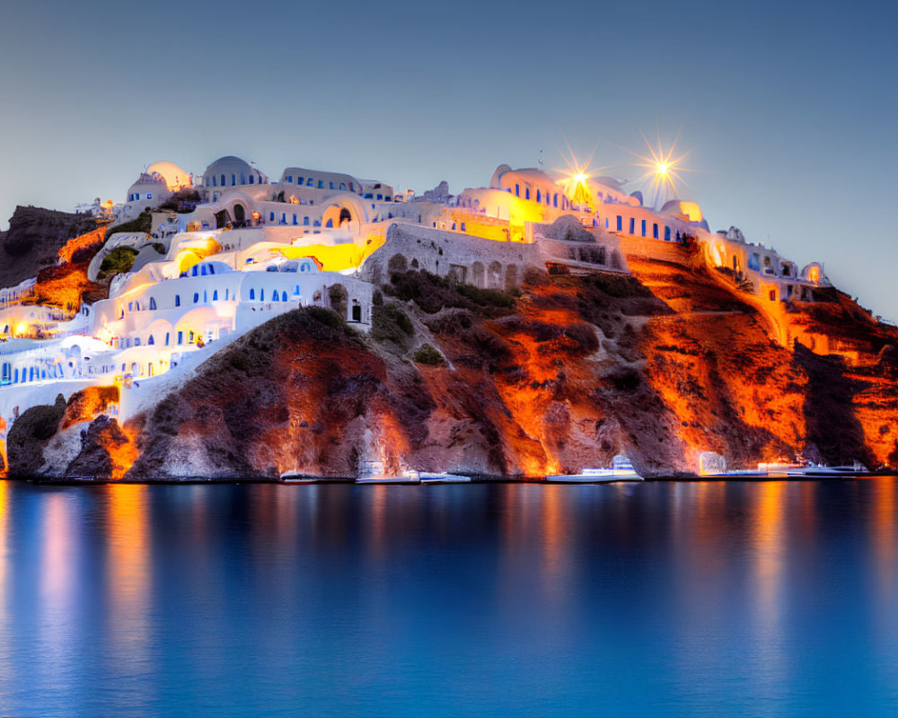 Whitewashed Buildings with Blue Domes Overlooking Calm Sea at Twilight