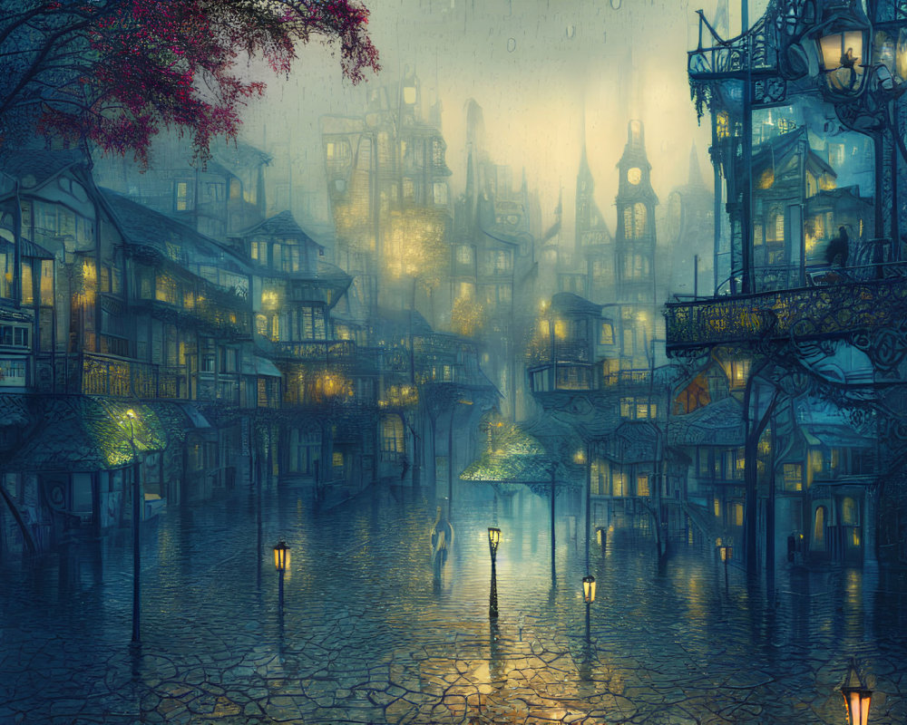 Cobblestone street in misty town with vintage buildings at dusk