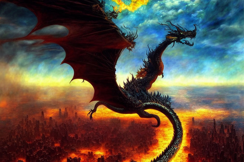 Majestic dragon flying over burning cityscape with dramatic sky