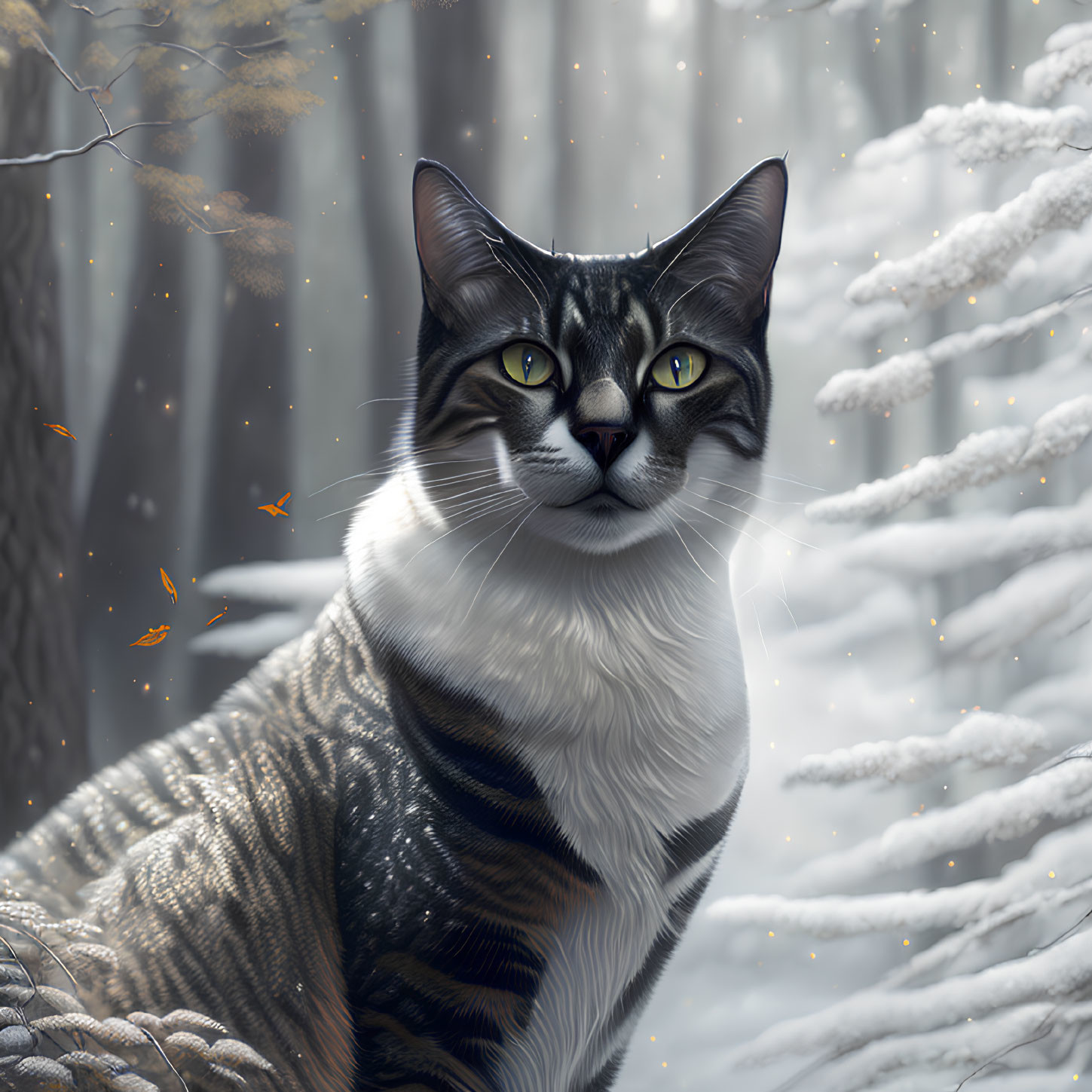 Tabby Cat with Green Eyes in Snowy Forest with Falling Snowflakes