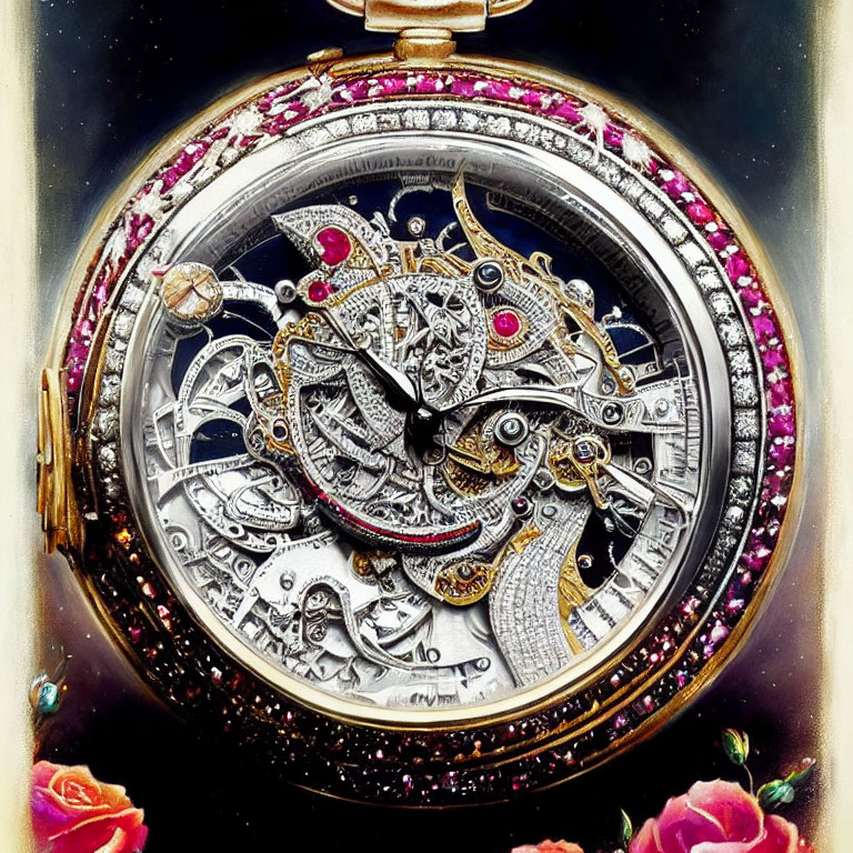 Exquisite pocket watch with exposed gears, jewel embellishments, and rose accents