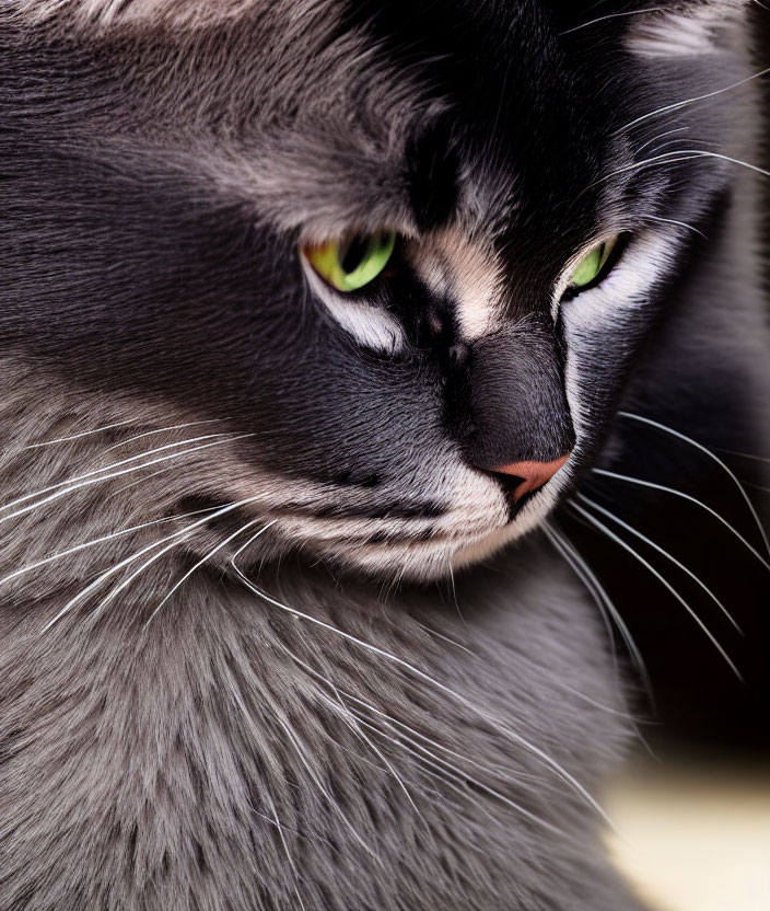 Gray Cat with Striking Green Eyes and Black Markings: Soft Fur and Thoughtful Expression