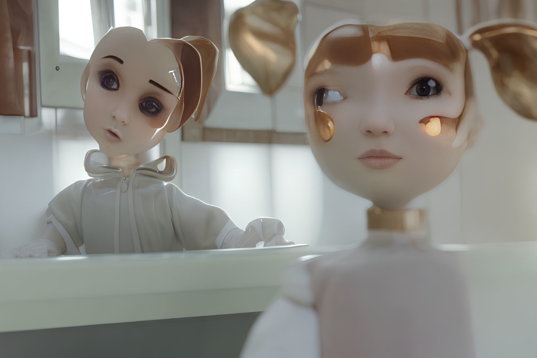 Porcelain dolls with hair bows in bright room counter