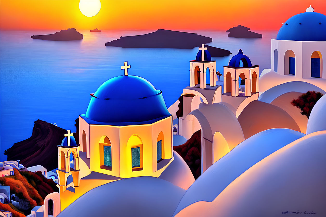 Santorini sunset painting with blue-domed churches and cliffs