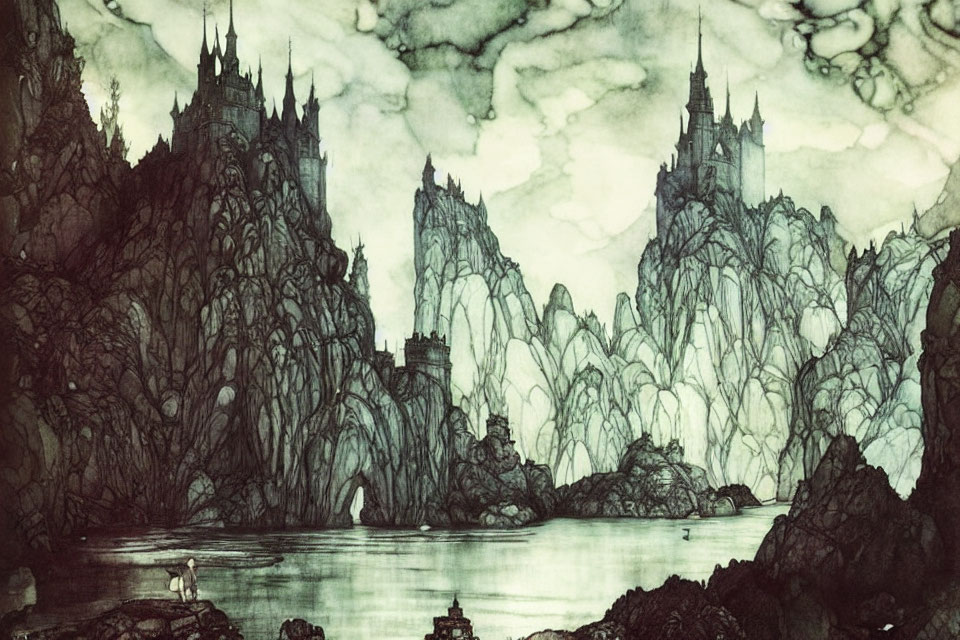 Gothic landscape with misty spires, cliffs, and castles