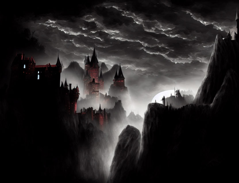 Gothic Castles in Mountain Storm - Misty Ambiance & Glowing Windows