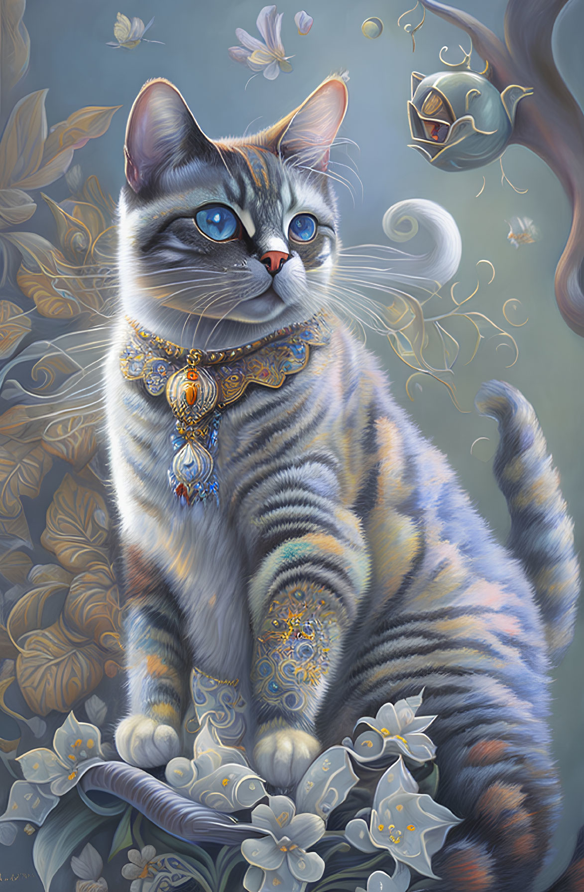 Regal cat with ornate necklace in fantasy setting.