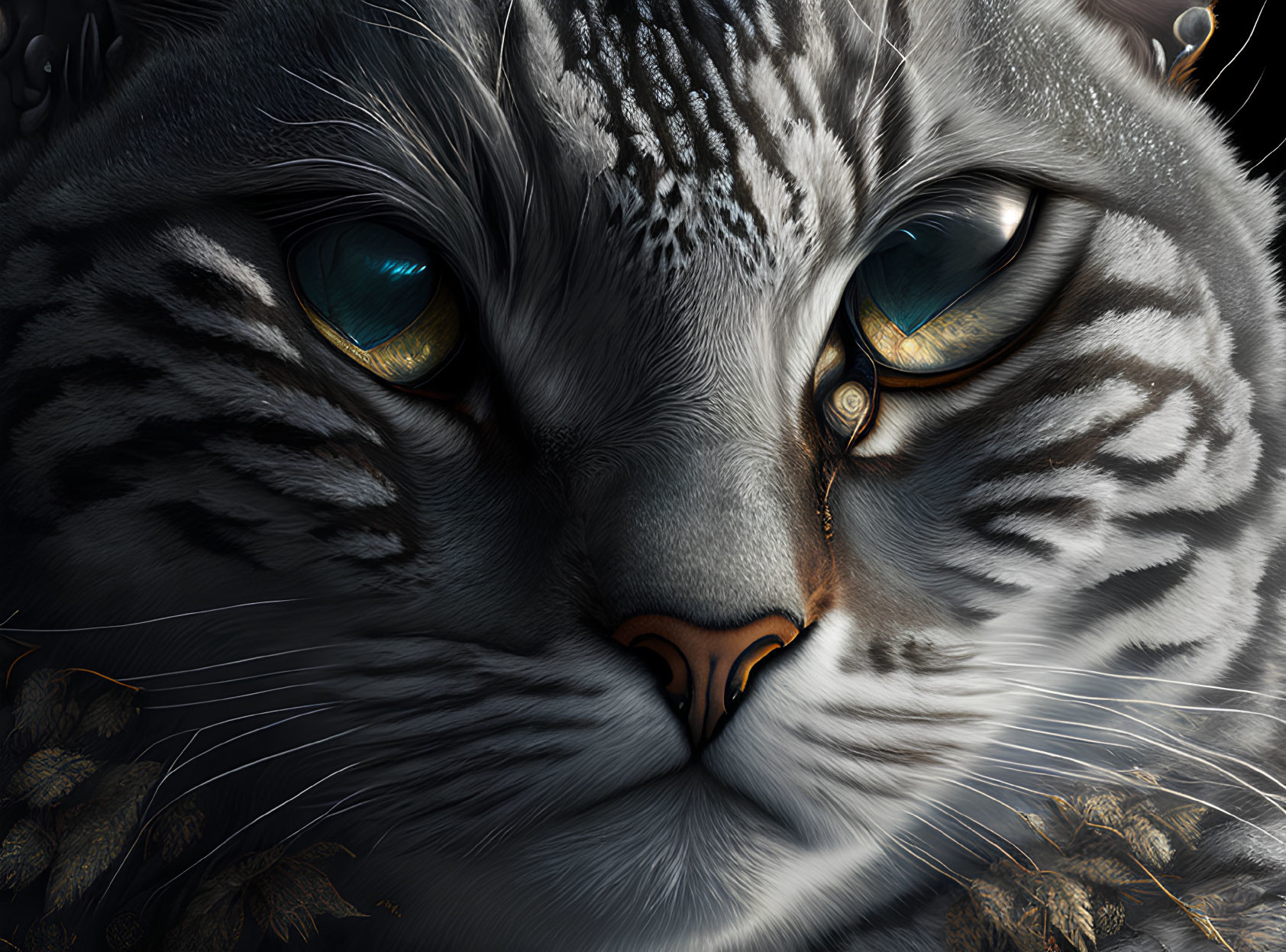 Detailed Digital Illustration of Cat with Amber Eyes & Grey Striped Fur