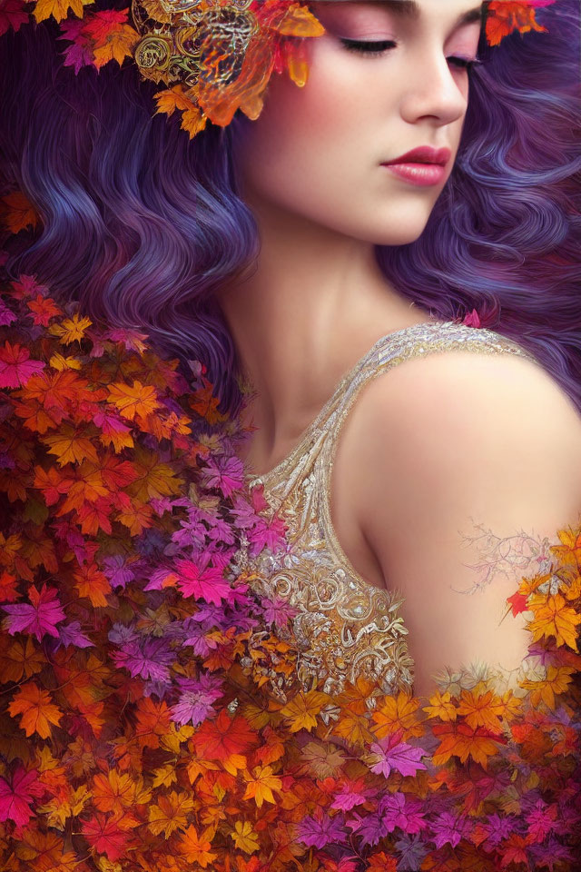 Woman with Purple Hair and Orange Flowers, Shoulder Covered in Autumn Leaves